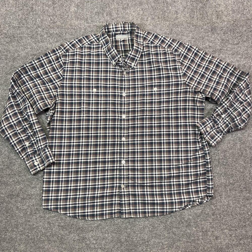 Ash & Erie Shirt Mens XL Blue Gray Plaid Flannel Long Sleeve Pockets Button-Up